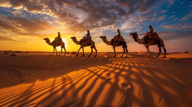 Photograph of an Indian camel (camel driver), a Bedouin with a camel silhouette in the sand dunes of the Thar desert at sunset. Caravan in Rajasthan travel adventure safari background 
