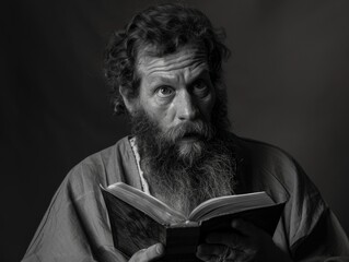 Fototapeta premium A man with a beard reads a book in black and white
