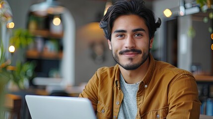 Fototapeta premium Stylish Hispanic businessman in a modern office, focusing on laptop work including data analysis and creative design, smiling at the camera