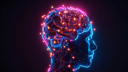 Obraz premium Neon serotonin molecule structure overlaid on a human head against a black background