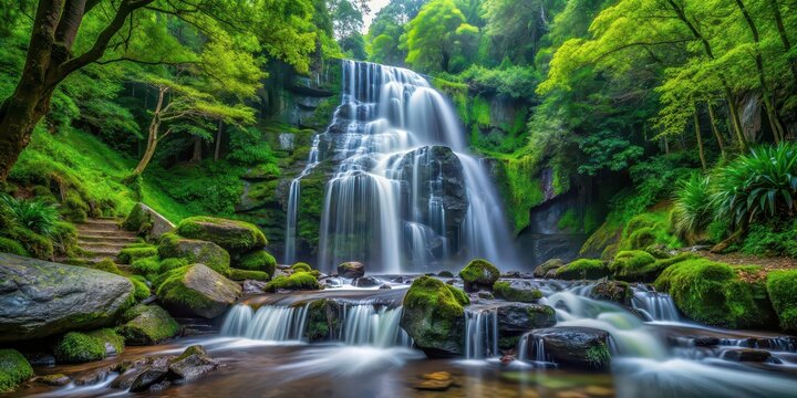 A stunning waterfall cascading down rocks in a vibrant green forest setting, waterfall, lush, green, forest, nature, landscape