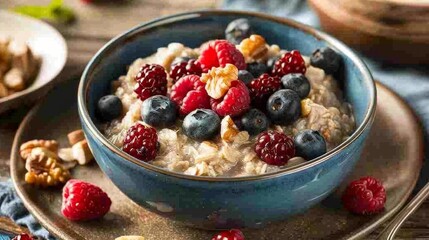 A close-up of a bowl of oatmeal with berries and nuts, showcasing a wholesome and energizing breakfast option.