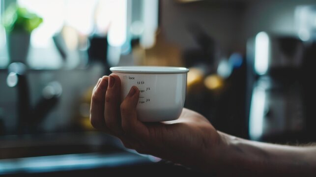 A close-up of a hand holding a measuring cup, symbolizing the importance of portion control and mindful eating.