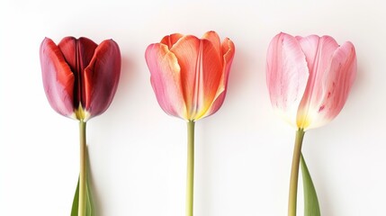 Three tulips in a row, isolated on white background.