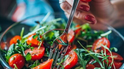 A close-up of a hand holding a fork and knife, symbolizing the act of mindful eating and appreciating the flavors of healthy foods.