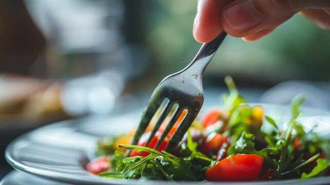 A close-up of a hand holding a fork and knife, symbolizing the act of mindful eating and appreciating the flavors of healthy foods.