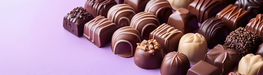 Naklejka premium Premium Belgian Chocolate Assortment on Elegant Purple and Brown Backdrop