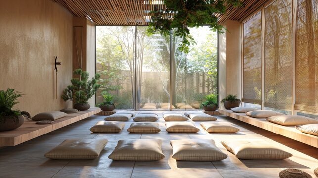 A view of a meditation room with cushions arranged in a circle, promoting a peaceful and serene space for mindfulness and relaxation.