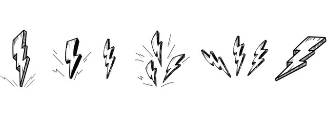 Lightning bolt icons set. Thunder hand drawn doodle. Vector illustration.eps10