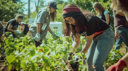 A view of a group of people volunteering in a community garden, showcasing the social and emotional benefits of giving back to others.