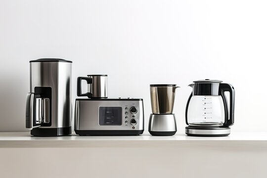 Metallic kitchen appliances. Blender, toaster, coffee machine, meat ginder and kettle isolated on white. 3d