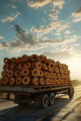 Cargo truck full of donuts on the road in the french countryside and sunset. Concept of high quality food products, cargo and shipping.