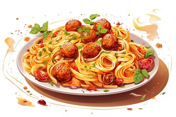 Meatballs with pasta with tomato sauce and basil. Isolated on white background.