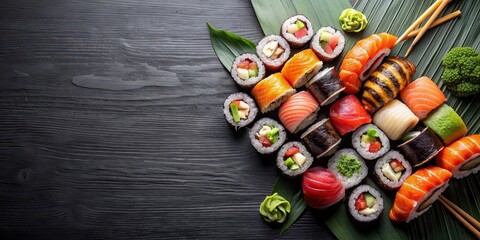 Sleek background for a sushi restaurant menu with graphic elements, space for content, and a variety of sushi dishes , sushi