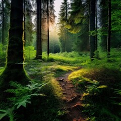 path in the long trees of forest and light of sunrising