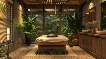 A view of a spa with a massage table, promoting the benefits of relaxation and rejuvenation for overall wellbeing.