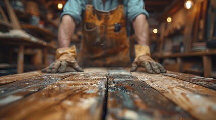 Close-up of a carpenter's gloved hands resting on a well-used wooden workbench covered with sawdust and wood shavings
