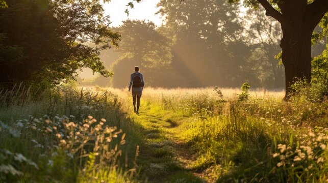 A view of a person enjoying a walk in nature, highlighting the benefits of spending time outdoors for mental and physical wellbeing.