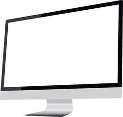 Realistic illustration of black computer LCD monitor with silver stand and blank transparent isolated screen. TV mock up