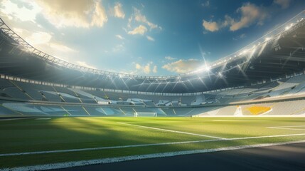 A stadium with a soccer field, capturing the energy and excitement of a sporting event.