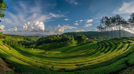 Landscape photography of Vietnamese people working in the tea plantation at Long Coc Mountain. Green tea plantation in Vietnam