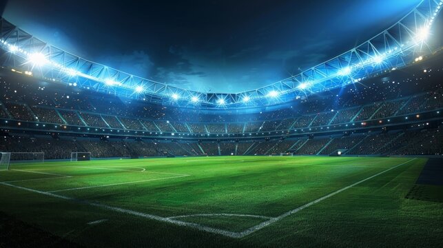 A stadium with a soccer field, capturing the energy and excitement of a sporting event.