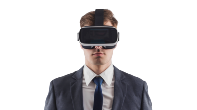 Businessman wearing virtual glasses on transparent background