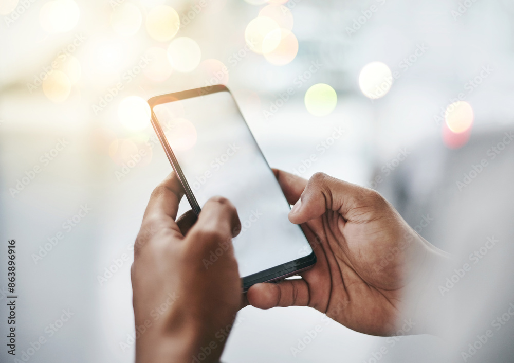 Poster Hands, typing and person with phone screen in office for email, contact or text on internet connection. Scroll, smartphone and consultant on mobile app for online chat, networking or post with bokeh