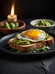 Yummy toast with guacamole and fried egg on top. Cinematic food photography