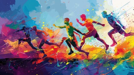 A vibrant 2D illustration showcasing the spirit of Olympic 2024, featuring abstract athletes in dynamic poses against a colorful background, capturing the excitement of the games. The background is