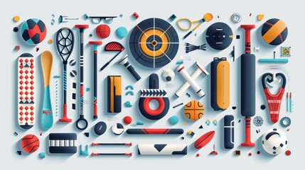 Fototapeta premium A dynamic 2D illustration of various Olympic sports equipment arranged in an artistic manner. The background features a mix of geometric shapes and patterns, creating a modern and visually striking