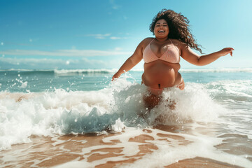 Fototapeta premium Happy curvy plus size model in bikini on the beach, fat busty chubby black African woman resting at the sea on summer holidays