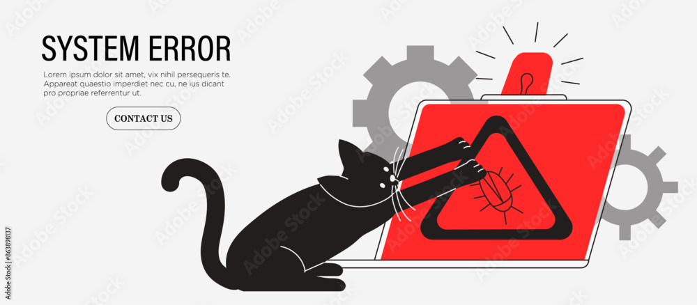 Wall mural cat catching, searching, looking for bugs, errors in program. system breakdown vector illustration. 