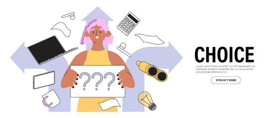 Confused woman student at crossroad sign hold question mark think which way to go vector illustration. Decision making, career or educational path, work direction. Choose right way to success concept.