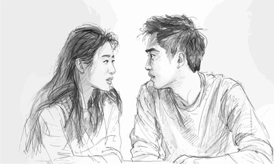 A man and a woman are sitting at a table and looking at each other