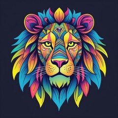 Obraz premium Illustration of colorful lion head on black background, showcasing vibrant hues and intricate details.