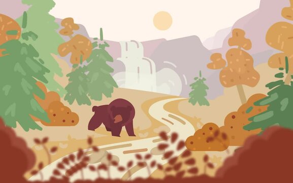 Animation of autumn landscape. A bear by the river in the forest.