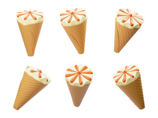 Ice cream chocolate waffle cone, fruit ice and eskimo with glaze 3d vector sweet food and summer dessert. Isolated vanilla ice cream,