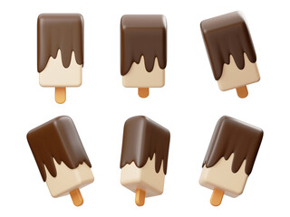 Ice cream chocolate waffle cone, fruit ice and eskimo with glaze 3d vector sweet food and summer dessert. Isolated vanilla ice cream,