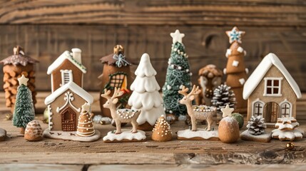 Christmas ornaments displayed on a wooden surface Mini tree houses deer treats