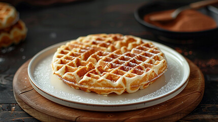 waffle on a white plate sitting on top of a wooden board