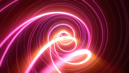 Abstract bright purple background tunnel with flying lines of energy particles and light rays