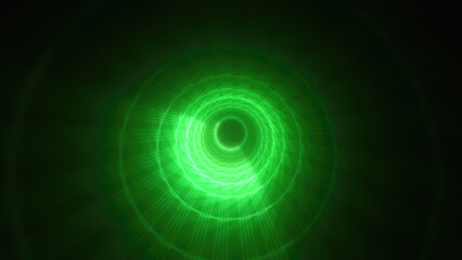Abstract bright green glowing background with a tunnel of lines and stripes of energy of burning rays of plasma and electricity with light