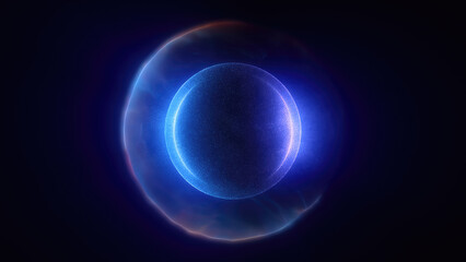 Abstract purple bright glowing background with a sphere core atom energy burning ball circle made of waves of energy rays and plasma with light