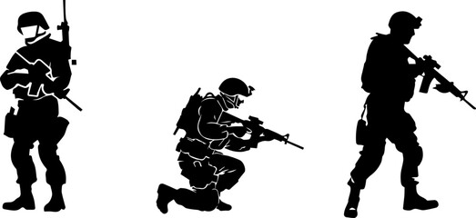 Three soldiers in black uniforms are shown in silhouette