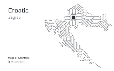 White vector map of Croatia created from a microchip pattern, with the capital Zagreb depicted as a microchip