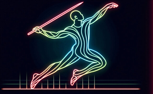 Neonfigur Speerwerfer auf schwarzem Hintergrund,