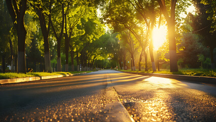 Empty treelined natural park street in morning light