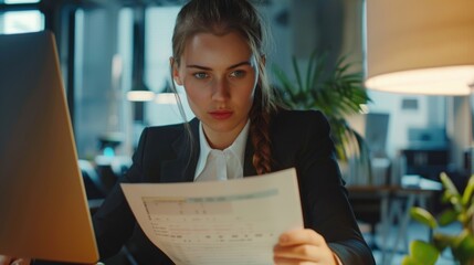 A professional woman examines papers at her desk