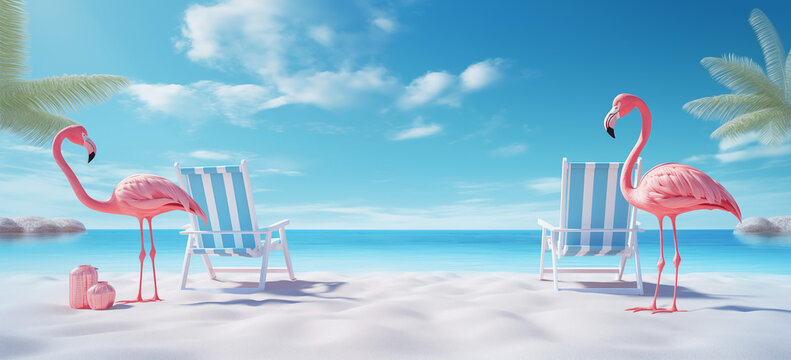Banni&egrave;re avec un arri&egrave;re-plan de l'oc&eacute;an, un ciel bleu et du soleil. Flamant rose, transat. Vacances, &eacute;t&eacute;, soleil. Plage, sable et mer. Bleu. Espace vide. Pour conception et cr&eacute;ation graphique.